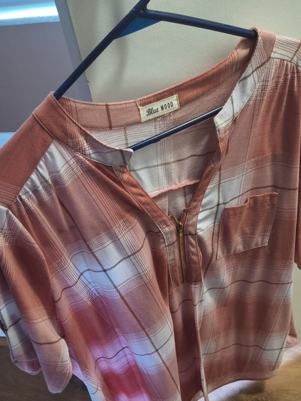 Blue Mood Women's Rust Plaid Zip-Front Blouse